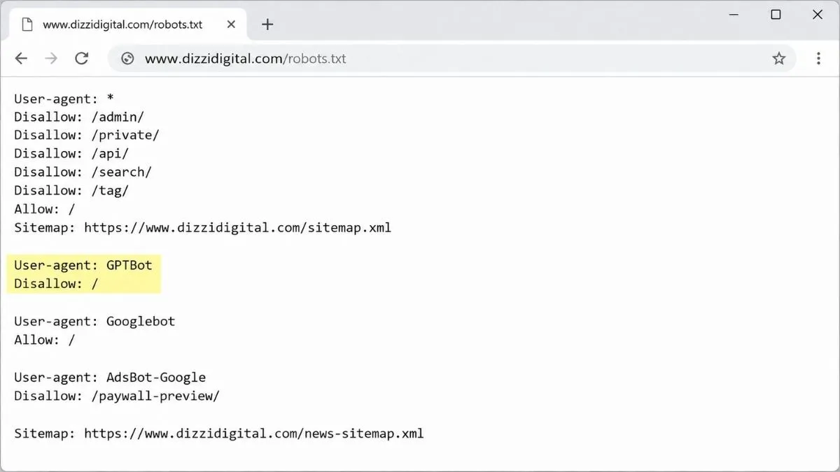 Browser viewing dizzidigital.com/robots.txt with the GPTBot Disallow rule highlighted.